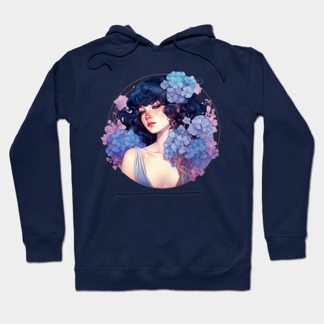 A Bouquet of Hydrangea- Beautiful Woman, Mucha, Art Nouveau Hoodie by AllRealities